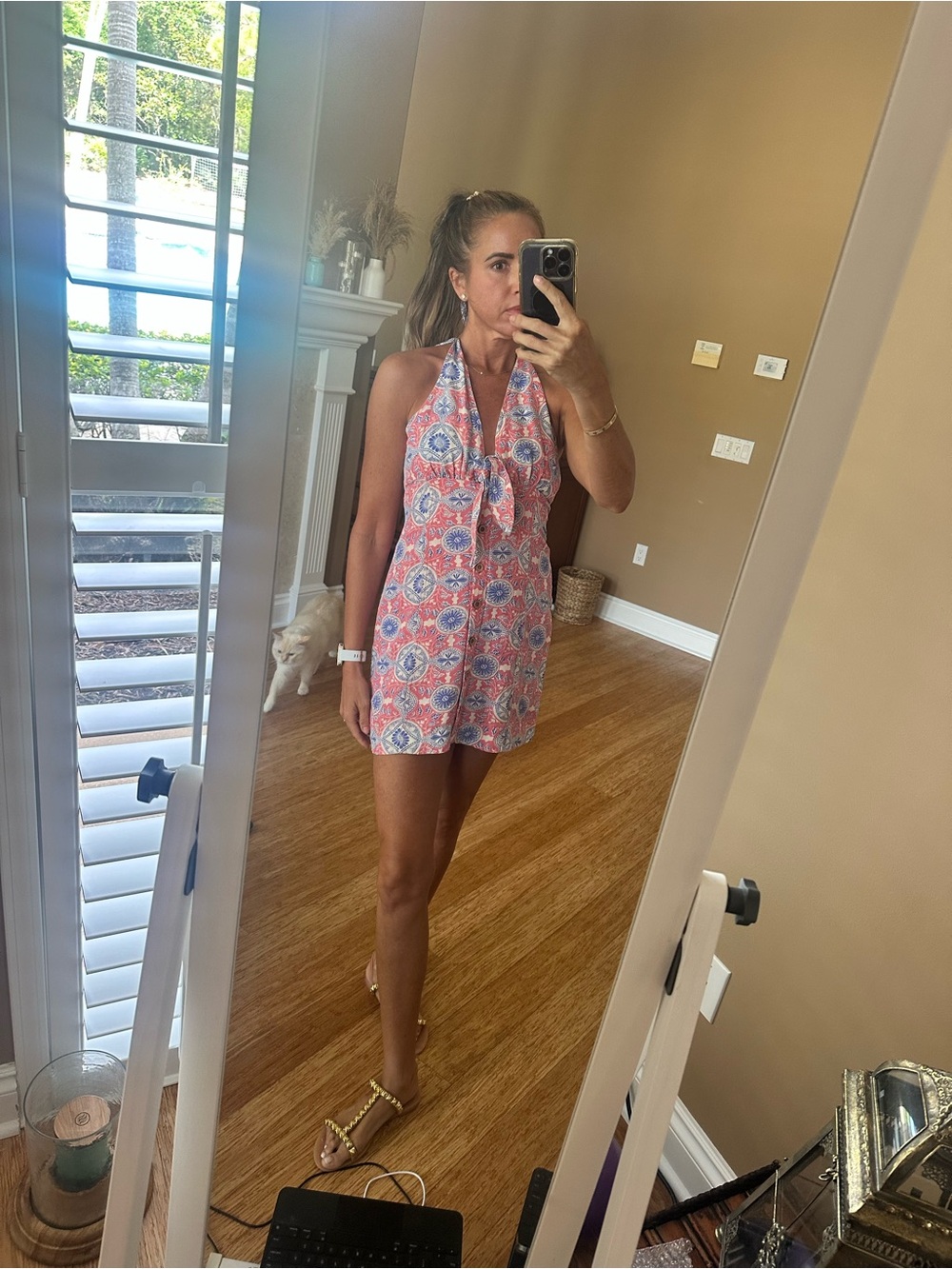 Maeve Pink-Coral and Blue Halter Mini Dress